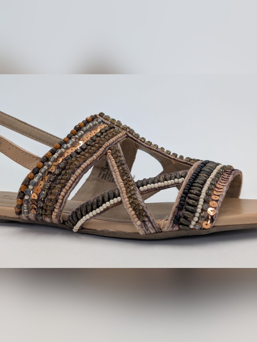Kenneth Cole Reaction Sz 7.5M Bronze/Taupe With Beads/Sequin & Criss-Cross Strap - Picture 6 of 17